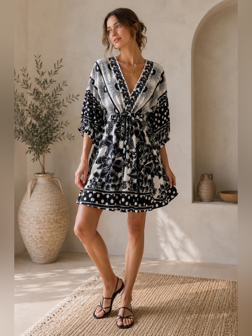 Farm Rio Black White Printed Puff Sleeve Mini Dress Small Boho Floral Resort